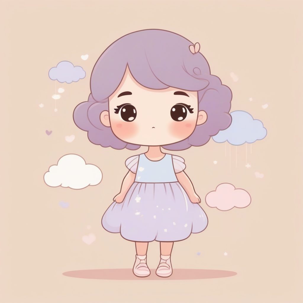 温柔马卡龙风：Q版云朵裙女孩全身像，极简涂鸦风格AI提示词