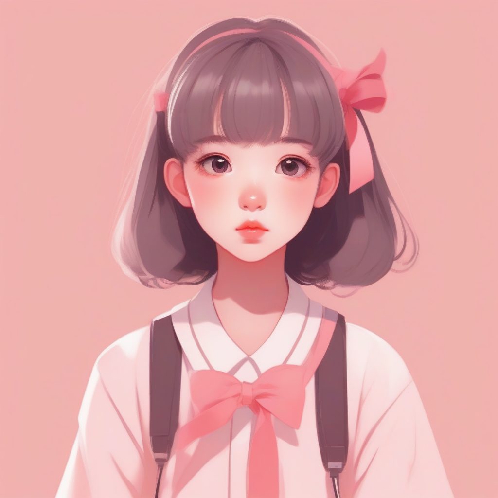 温柔马卡龙配色：害羞嘟嘴女学生极简肖像