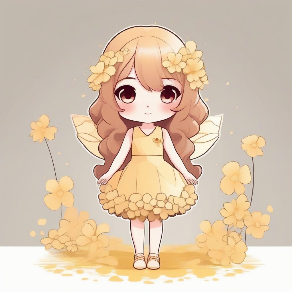 温柔Q版花朵精灵：双手捧花，娇柔姿态与淡黄色背景