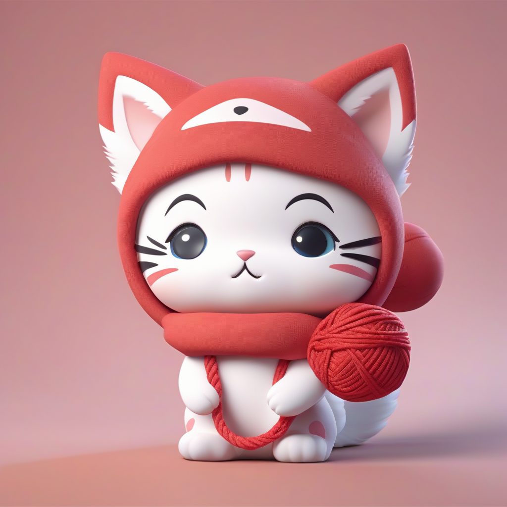 温柔羞涩：3D粘土感小猫咪Q版女孩与毛线球全身图