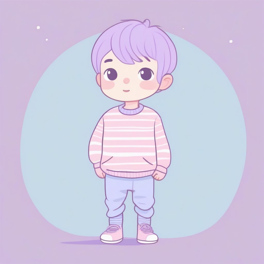 温柔圆角：Q版男童身着薰衣草毛衣，极简插画风
