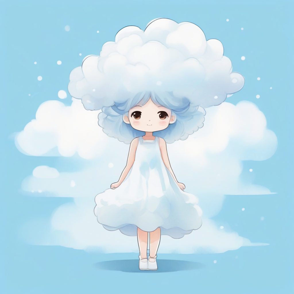 温柔云朵精灵Q版：漂浮微笑，天空蓝纯色背景