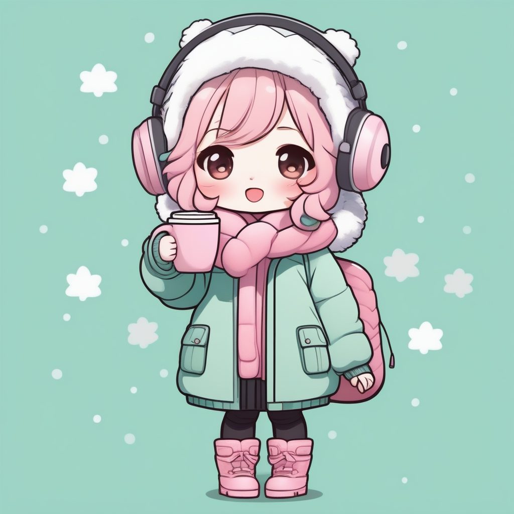 温馨2D Q版冬日女孩插画：热可可与厚外套