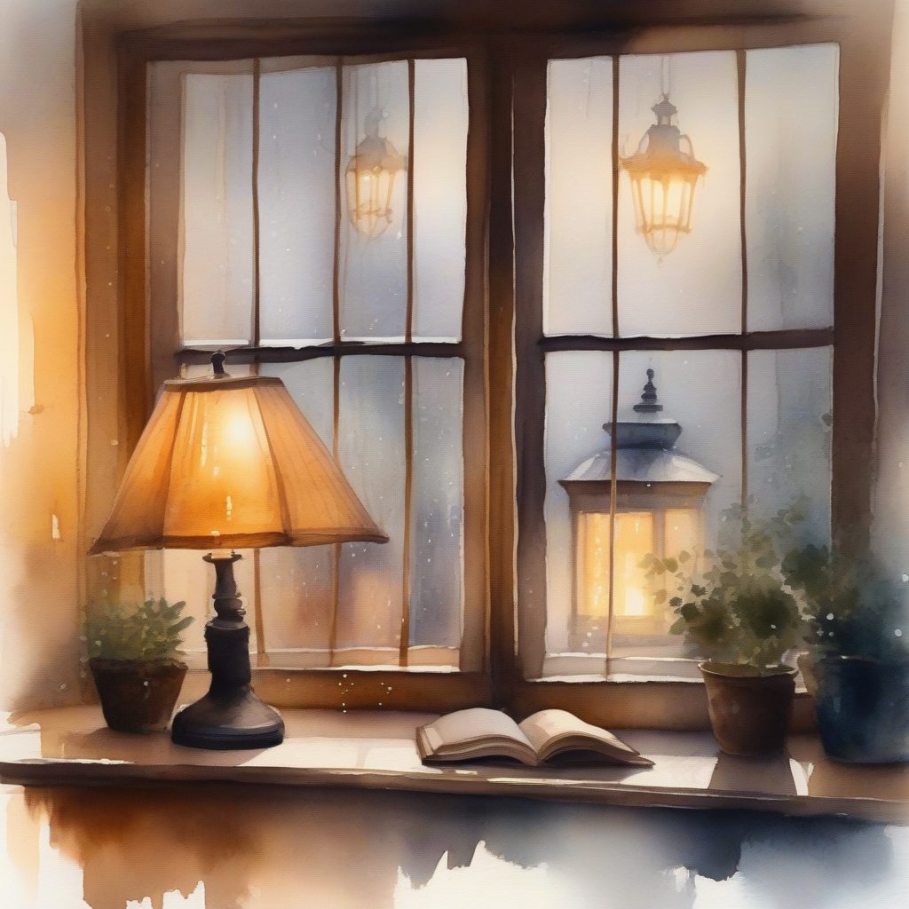 温馨氛围：雨天窗边灯火室内水彩画AI提示词