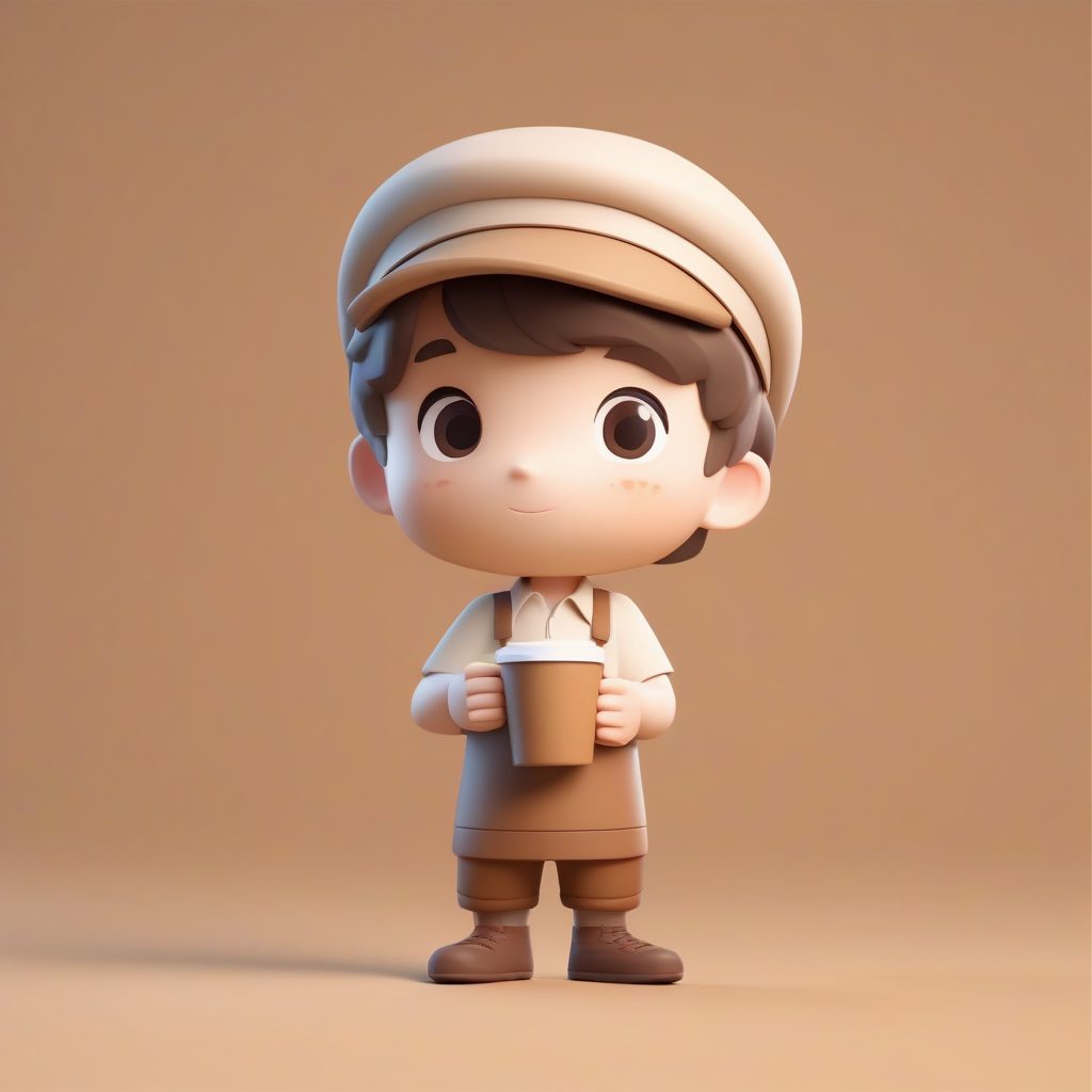 温馨咖啡师：Pop Mart风格Q版男孩粘土手办，电影感光线追踪渲染