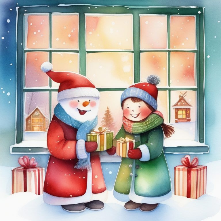 温馨水彩圣诞礼物角色