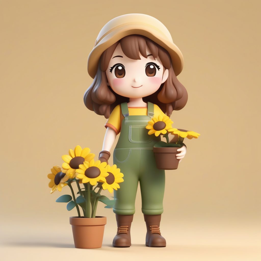 温馨治愈系3D粘土Q版女孩：园艺师与向日葵全身照
