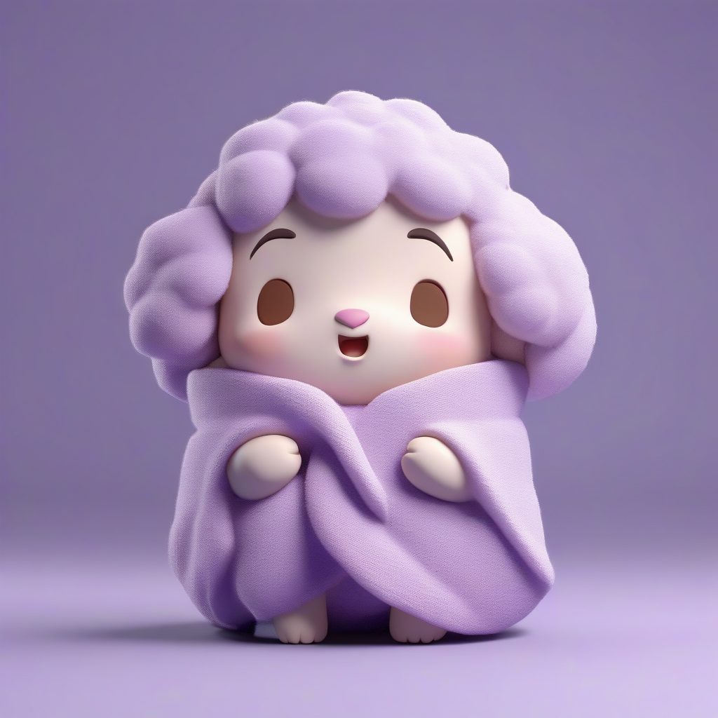 午睡小羊Q版：毛茸茸粘土质感，打哈欠动作，纯薰衣草紫背景
