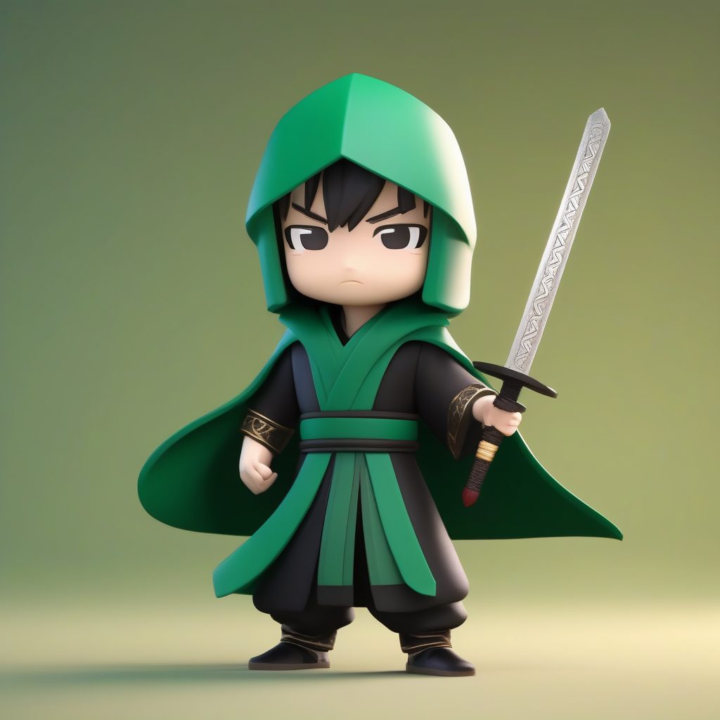 武侠Q版盲盒手办：深绿色侠客全身像，C4D光线追踪渲染