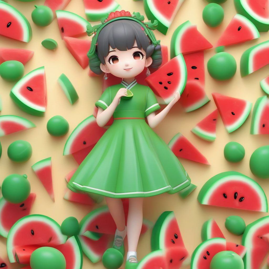 西瓜主题旗袍Q版：快乐吃货动态3D渲染图