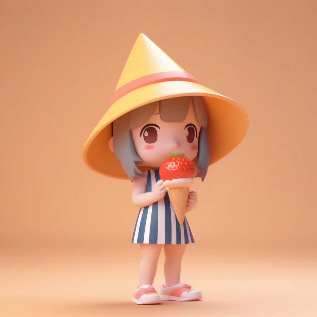 夏季阳光Q版泳装女孩：舔冰淇淋的满足感与暖色调3D提示词