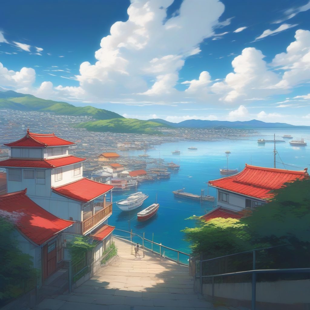 夏日海风：高饱和度下的日本海岸小镇全景