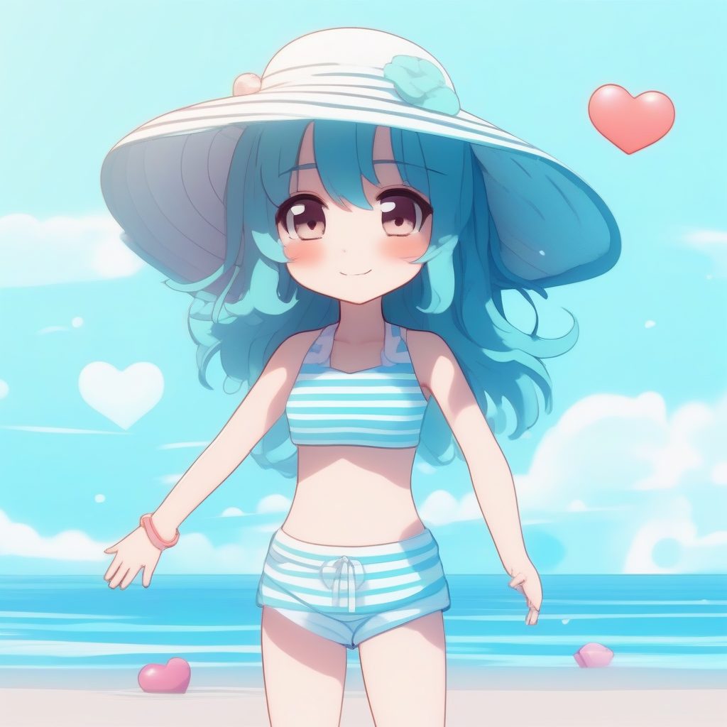 夏日海滩Q版立绘:条纹上衣与太阳帽,水蓝色纯色背景渲染