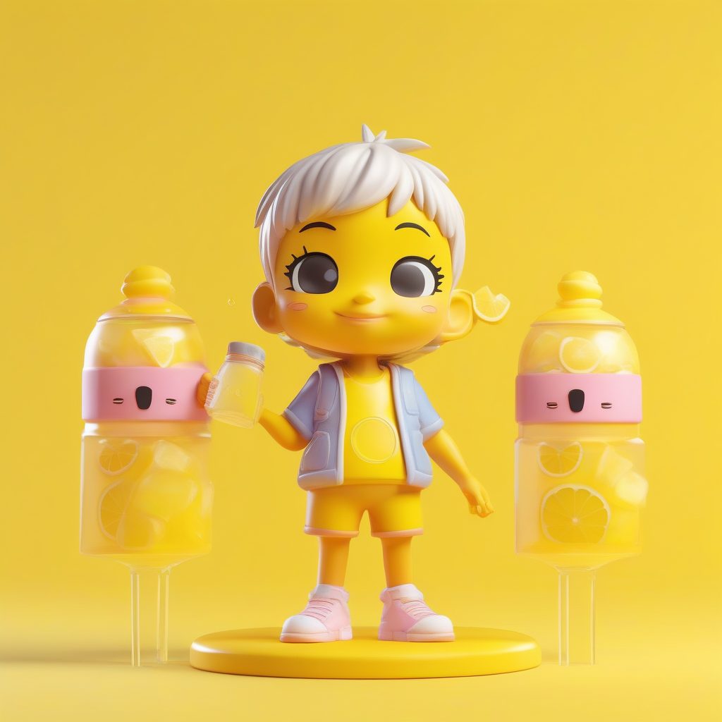 夏日柠檬水小孩Q版：高光泽液体效果，活泼眨眼动作，纯鲜黄背景