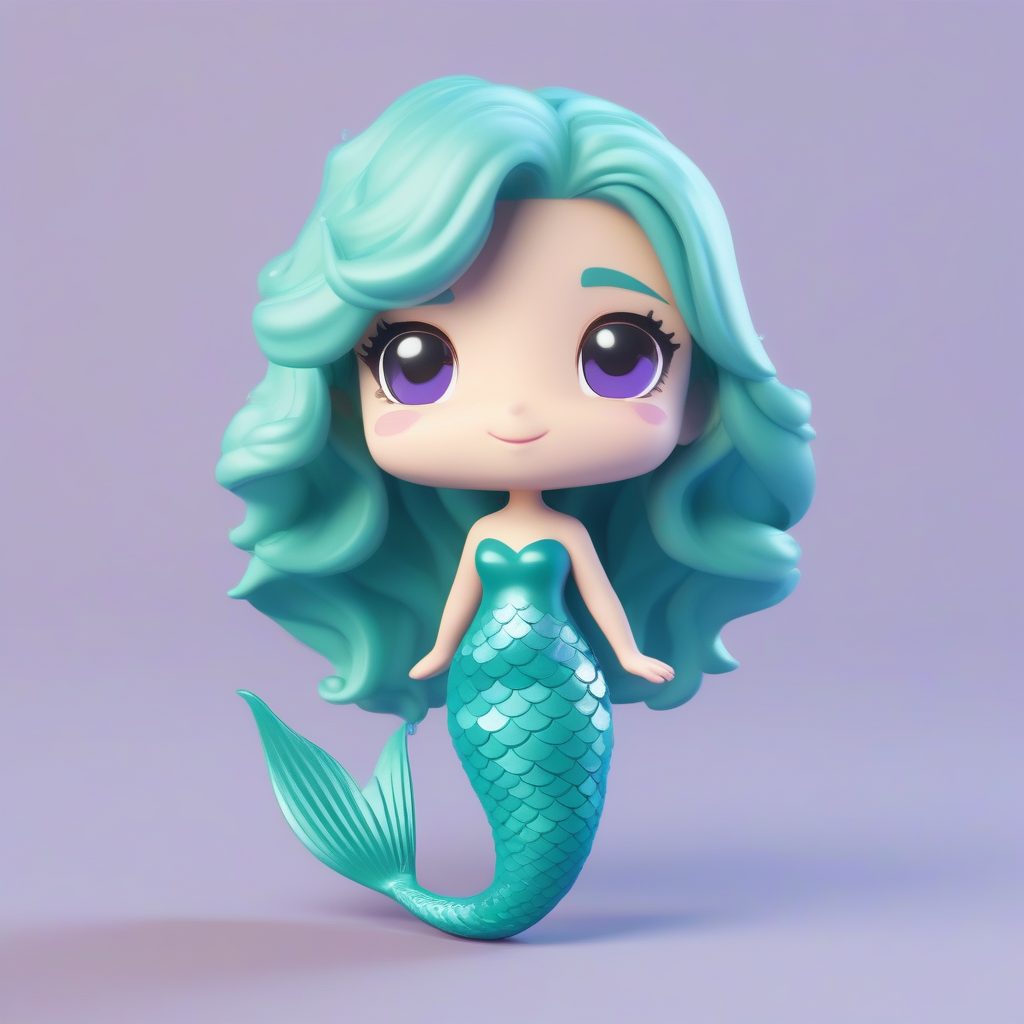 夏日Q版美人鱼公主：高光泽Octane渲染全身照，纯薄荷绿背景