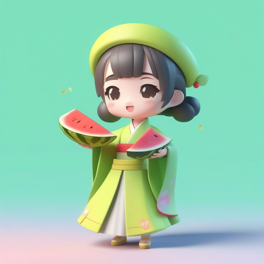 夏日西瓜清凉：抱着西瓜切片的Q版汉服女孩全身3D提示词