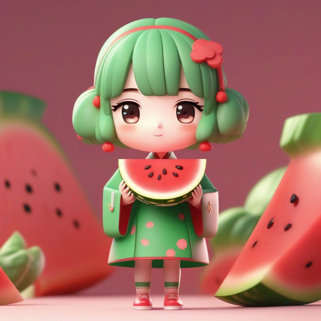 夏日西瓜主题旗袍：Q版粘土全身立绘，甜蜜表情高精度渲染