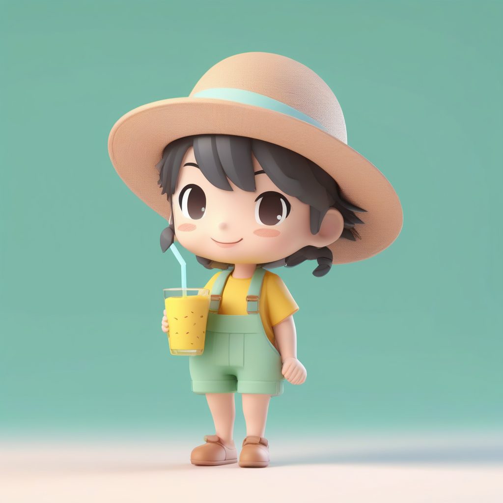 夏日阳光柠檬Q版男孩：3D盲盒全身站立，纯薄荷绿背景