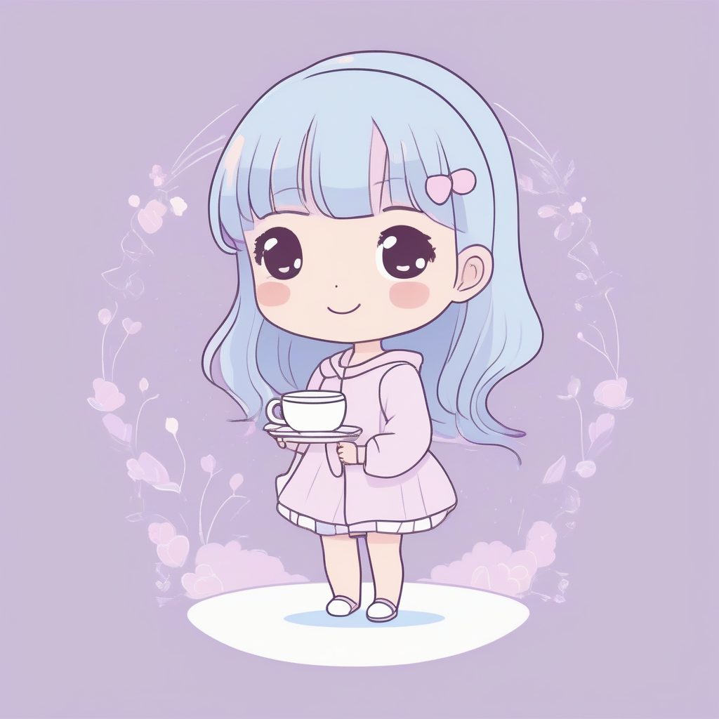 下午茶甜点：Q版少女手持茶杯，淡雅薰衣草色提示词