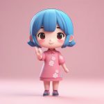 现代粉色短旗袍Q版少女:比耶手势和治愈笑容,天空蓝背景 7 xian dai fen se duan qi pao q ban shao nyu bi ye shou shi he zhi yu xiao rong tian kong lan bei jing