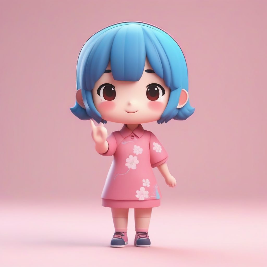 现代粉色短旗袍Q版少女：比耶手势和治愈笑容，天空蓝背景