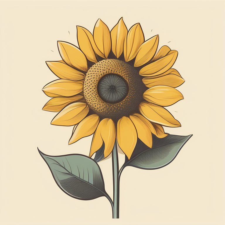 现代极简风植物插图:一枝绽放的向日葵