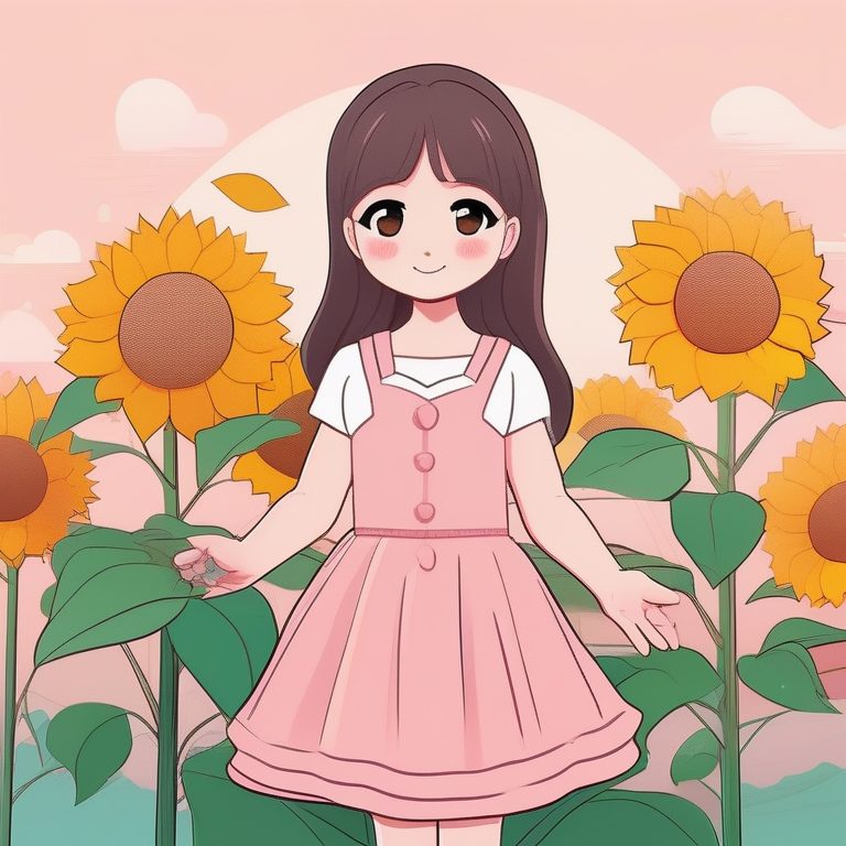 现代极简柔和马卡龙风格动漫Q版女孩与向日葵