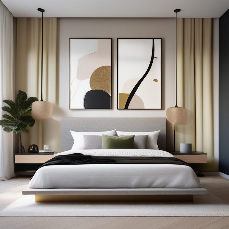 现代极简主义卧室与抽象艺术墙面