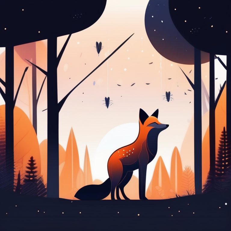 现代渐变扁平矢量插画:夜晚树林中的狐狸