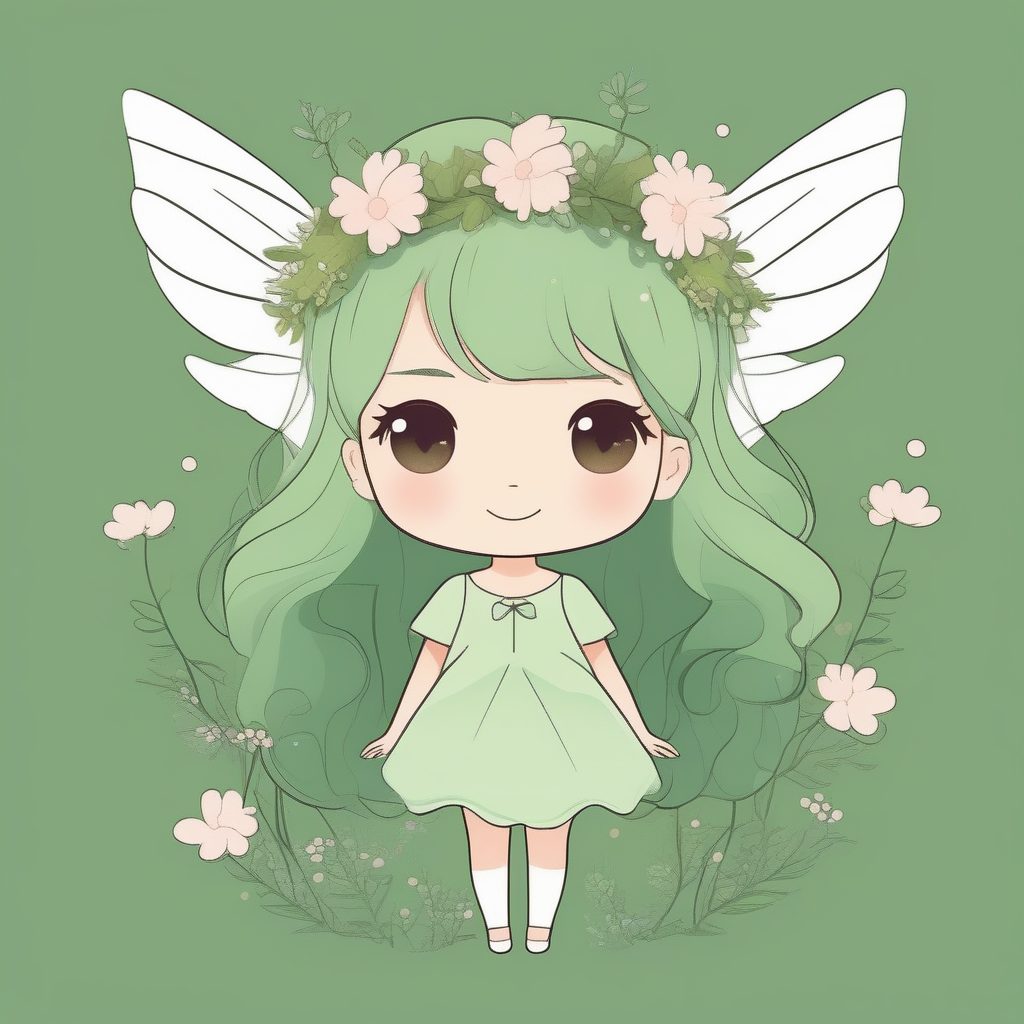 Q版精灵/仙女女孩2D极简插画提示词：空灵柔美与纯色背景