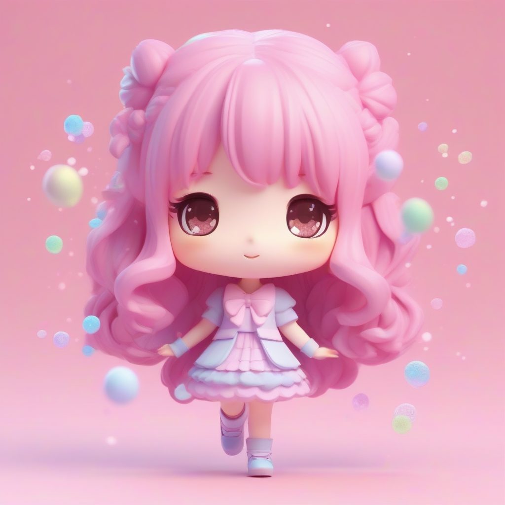 仙女系Q版女孩:多层马卡龙色与闪光元素,泡泡糖粉背景