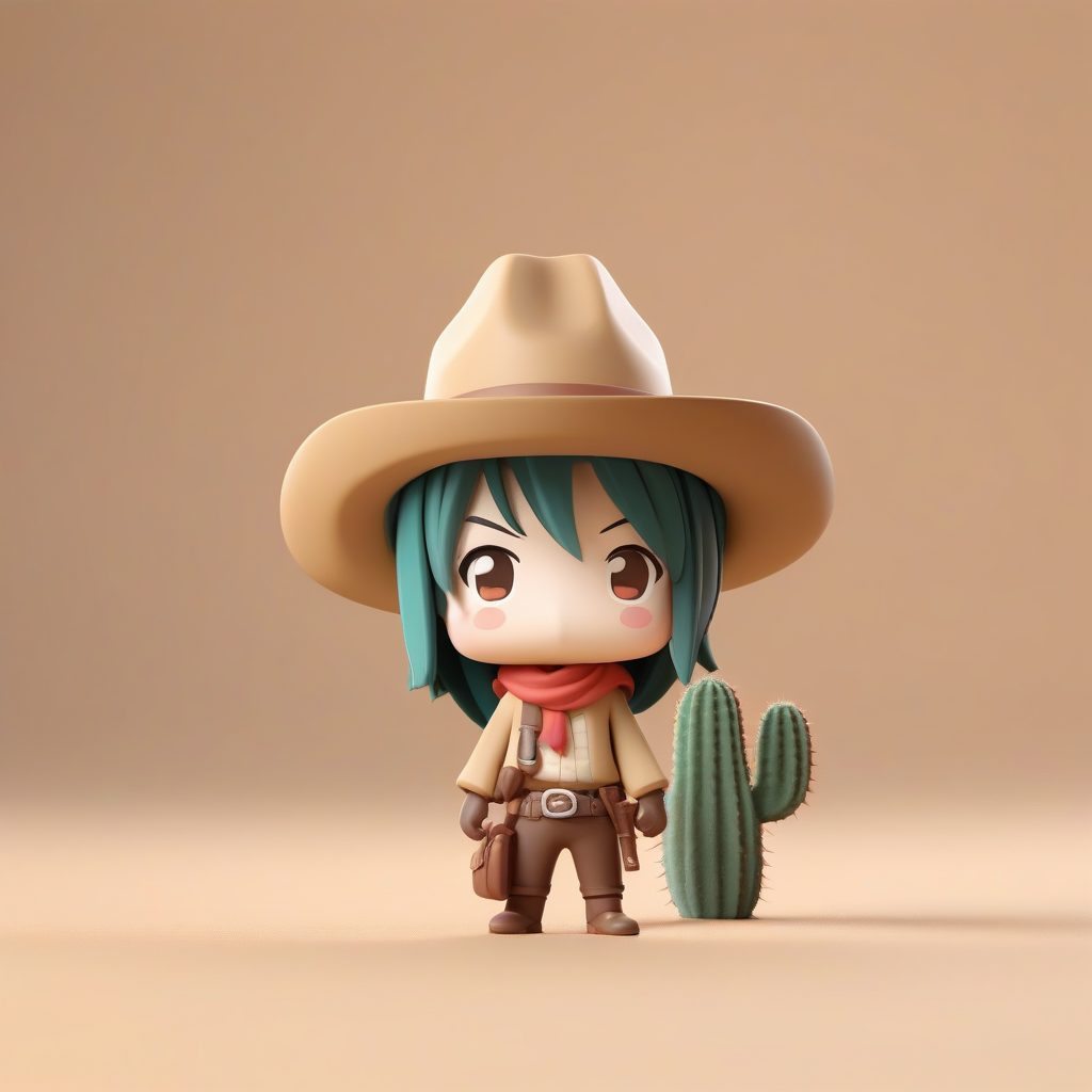 仙人掌牛仔Q版：沙漠主题3D盲盒全身站立图，沙米色背景
