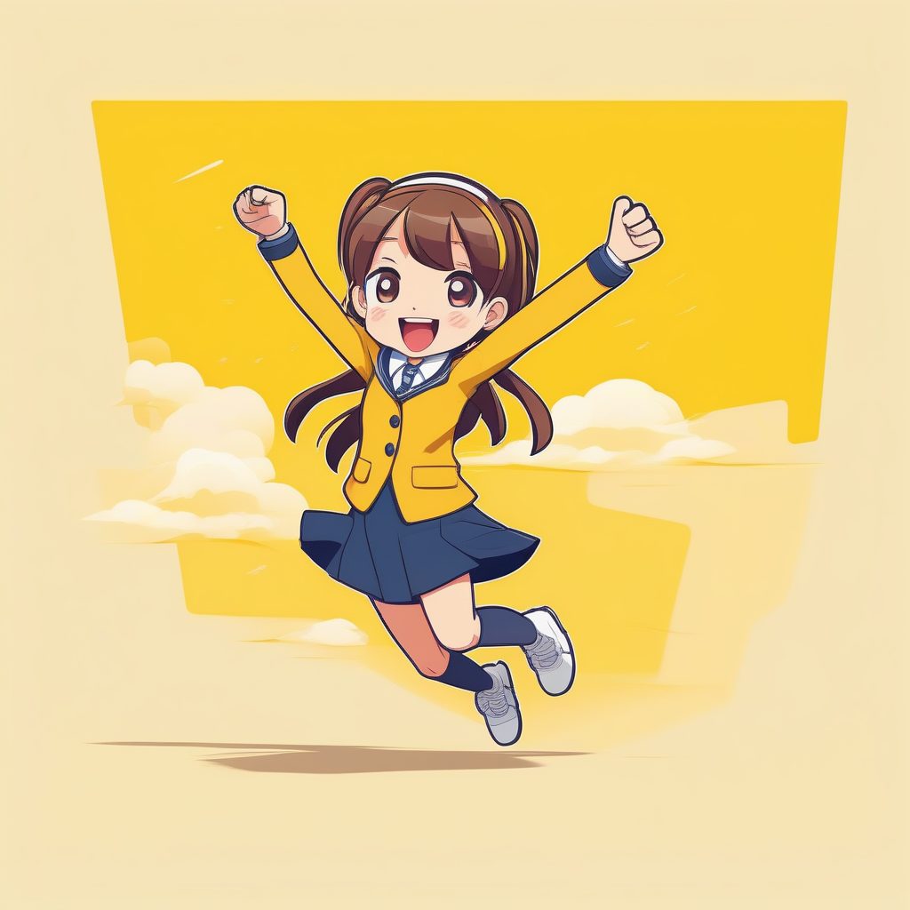 线条艺术风格AI提示词：活力跳跃Q版校服女生与鲜黄纯色背景