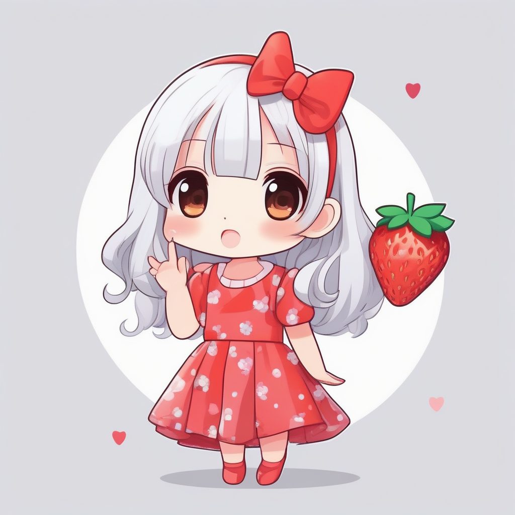 鲜艳草莓Q版女孩：双手贴颊，飞吻动作与纯白背景