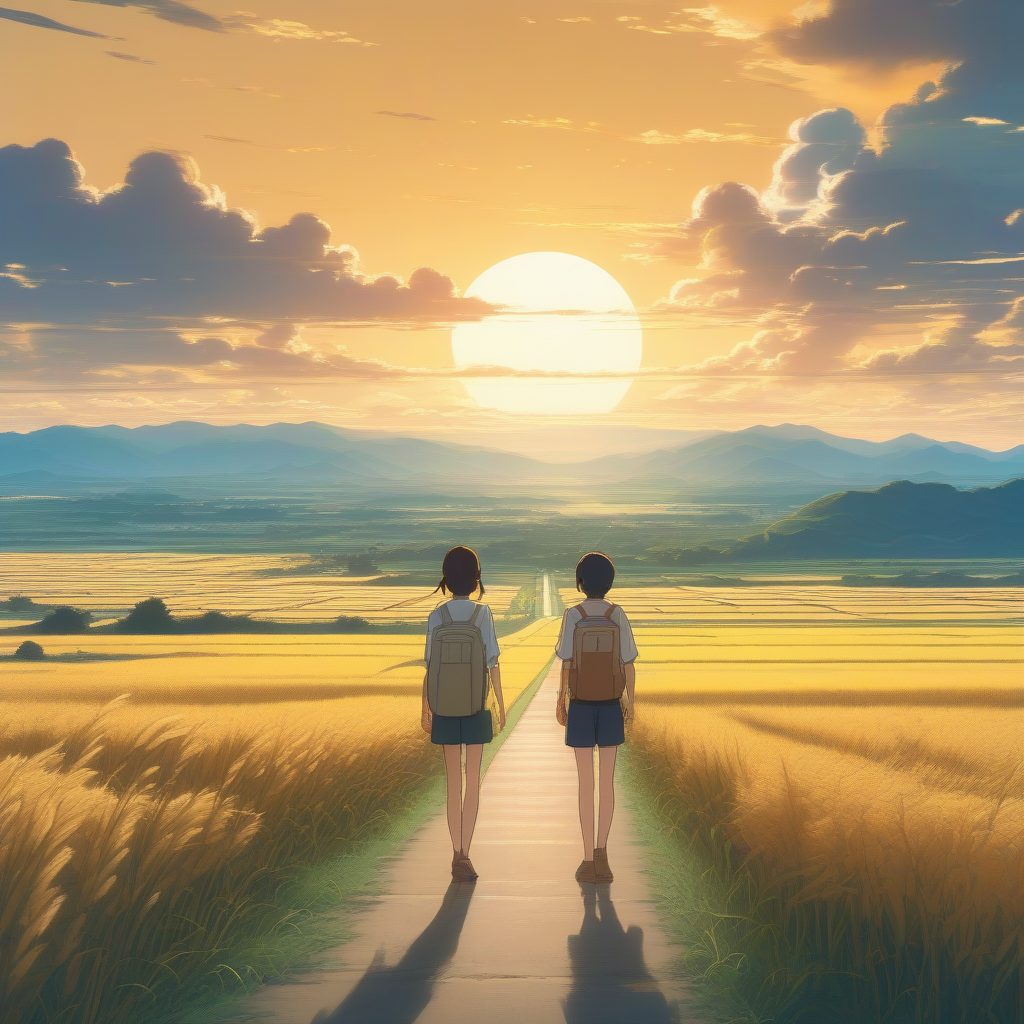 乡村邂逅：金色稻田上的光影交错与彗星轨迹