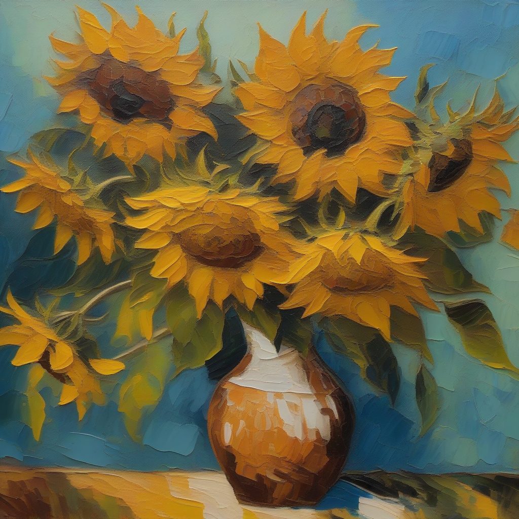 向日葵的狂热特写：高饱和厚涂静物油画AI提示词