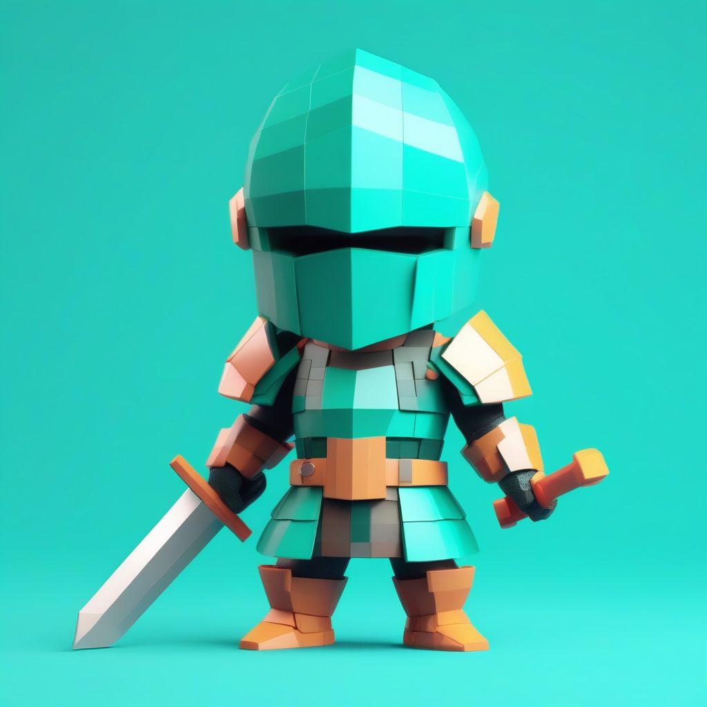 像素化骑士Q版手办:极简英雄姿势与蓝绿色纯色背景AI提示词 3 像素化骑士Q版手办:极简英雄姿势与蓝绿色纯色背景AI提示词