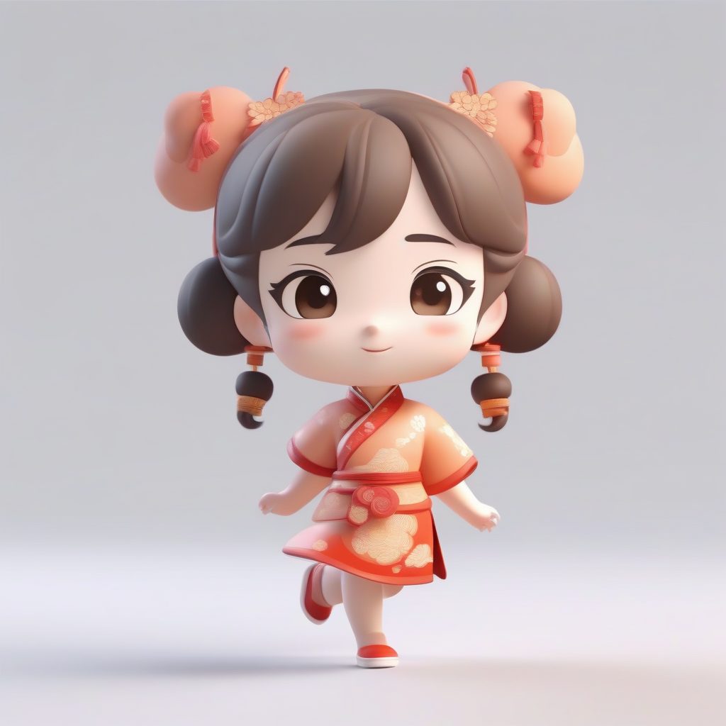 祥云纹旗袍Q版双丸子头少女:奔跑中回顾的动态渲染,桃色背景 1 祥云纹旗袍Q版双丸子头少女:奔跑中回顾的动态渲染,桃色背景