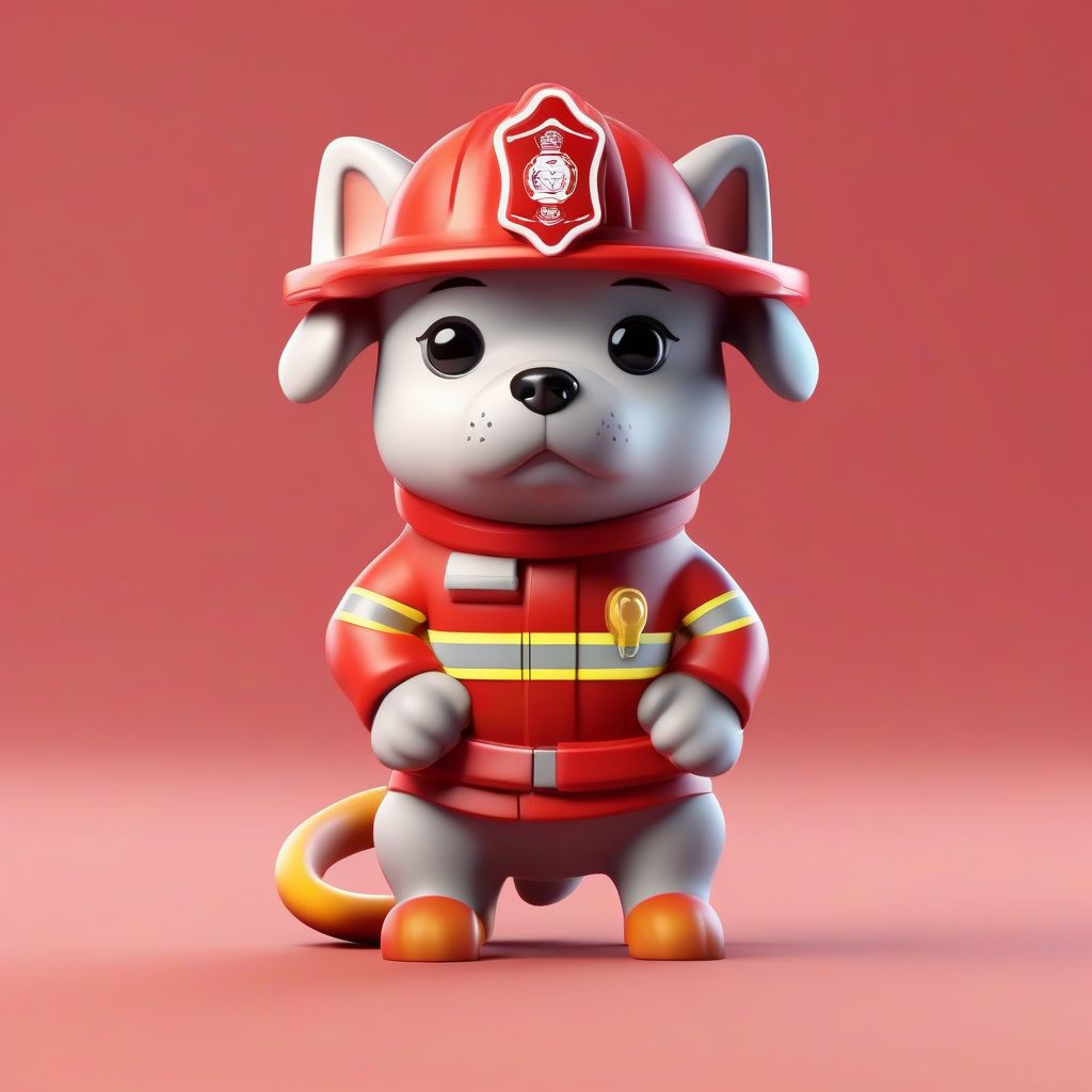 消防员Q版小狗：救援英雄全身站立照，纯鲜红背景C4D渲染