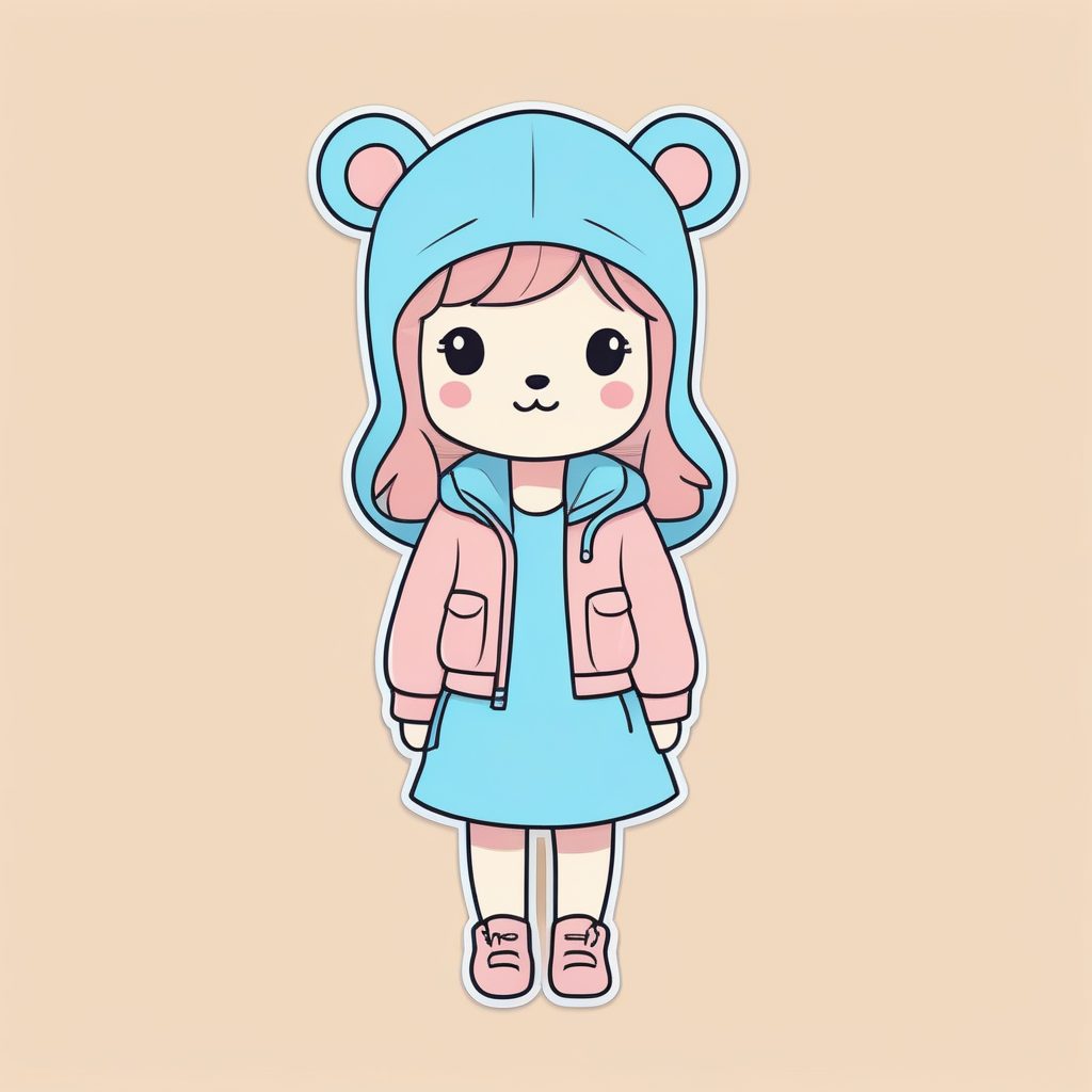 小熊帽Q版全身像：贴纸风格柔和蓝粉色系涂鸦提示词
