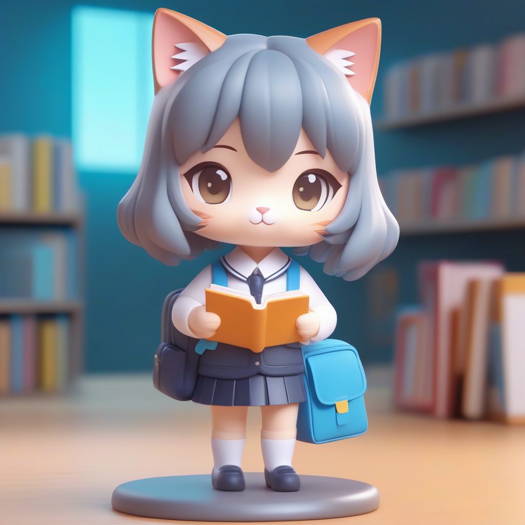 校园制服猫耳娘：8K粘土材质全身站立图，柔和灯光