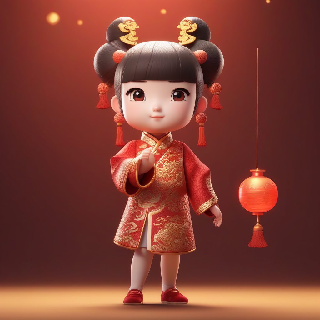 新春喜庆红金旗袍：Q版粘土手办，手持红灯笼Octane渲染提示词