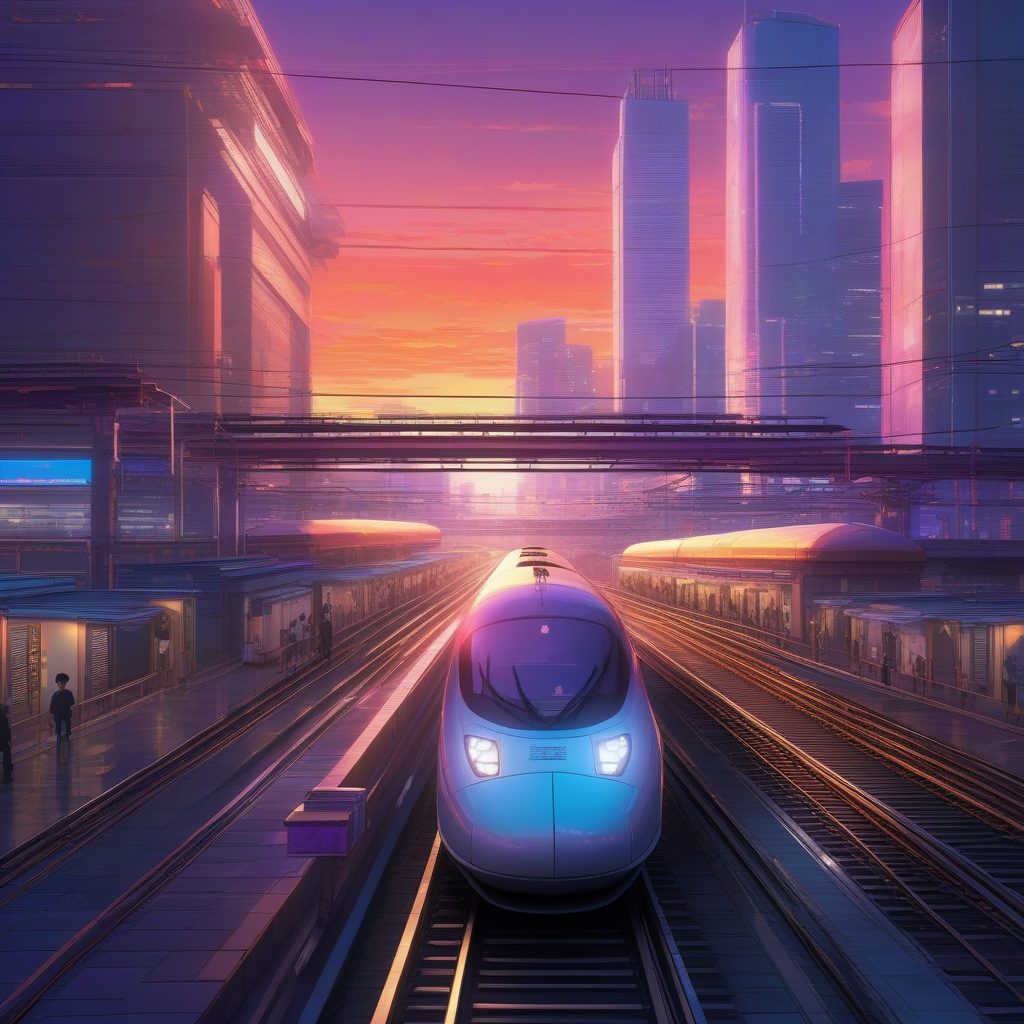 新海诚风格城市夜景：夕阳下的东京新干线高速列车