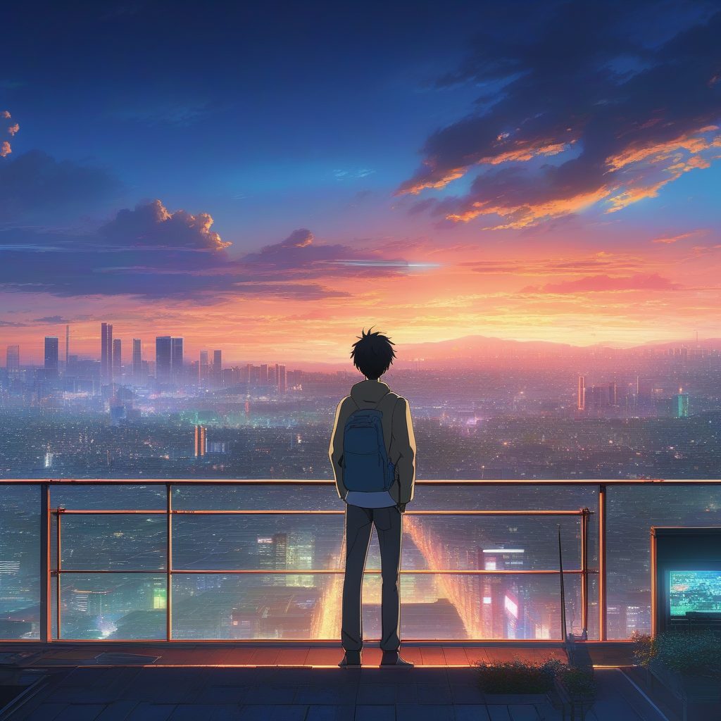 新海诚风格动漫主视觉:高中生俯瞰未来东京日落城市景观