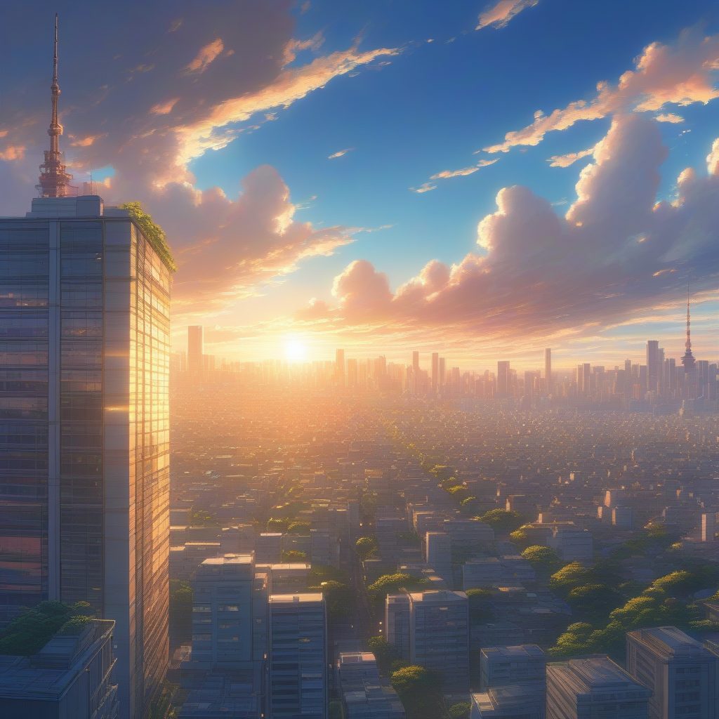 新海诚风格：黄金时段东京屋顶的震撼光影艺术