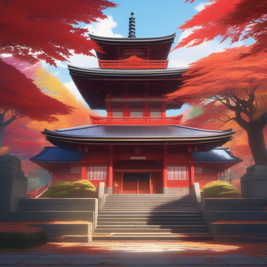 新海诚风格秋日枫景：神社外的红叶与电影感光影