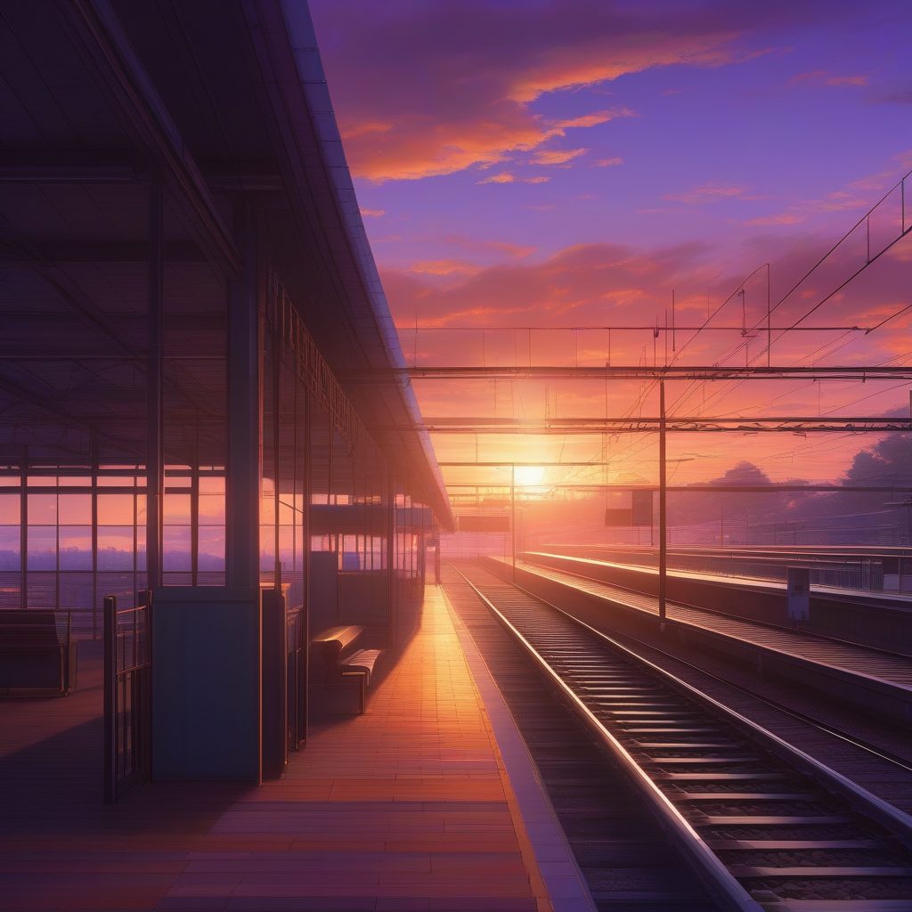 新海诚风格日落火车站，充满活力的电影感风景画