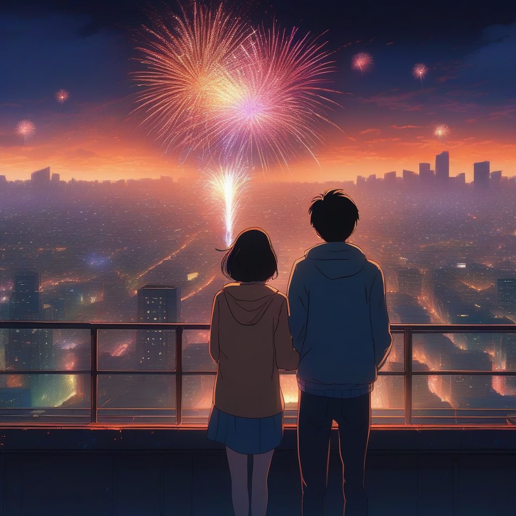 新海诚风格屋顶夜景下观看绚烂烟花的浪漫情侣