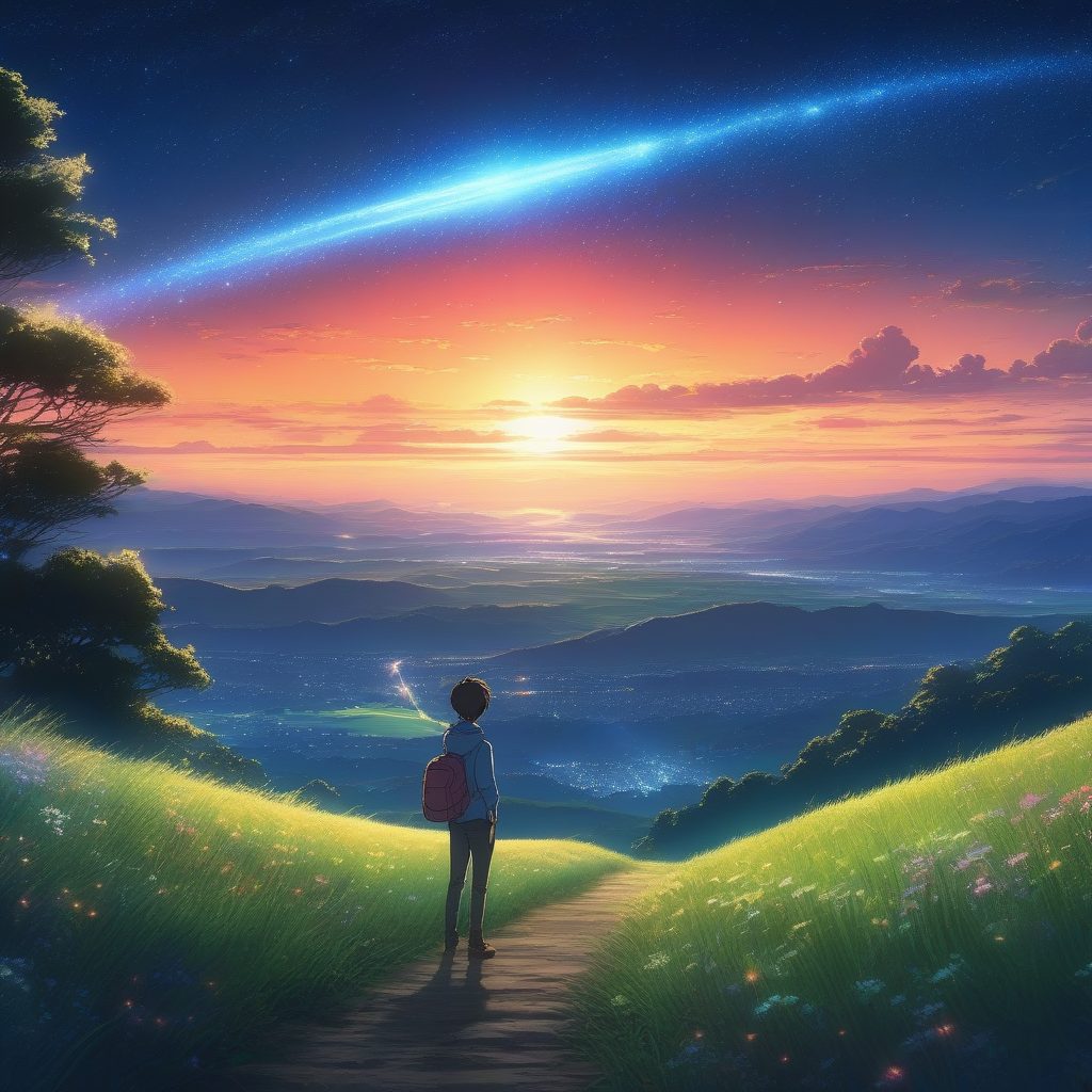 新海诚风格星空奇景：山顶眺望流星划过的夜空（高饱和）