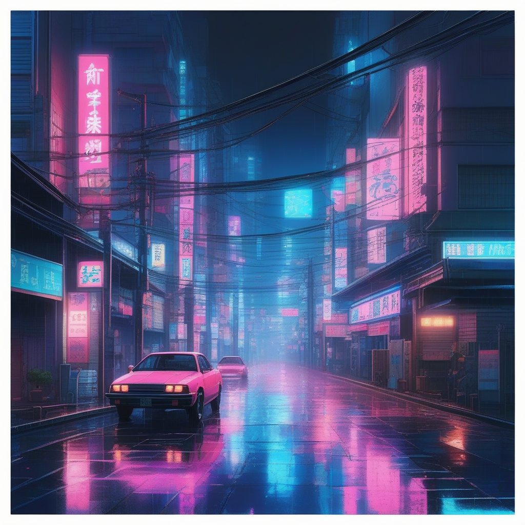 新海诚风格雨夜东京街景，霓虹灯倒影与电影照明